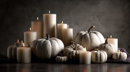 A group of white candles and pumpkins