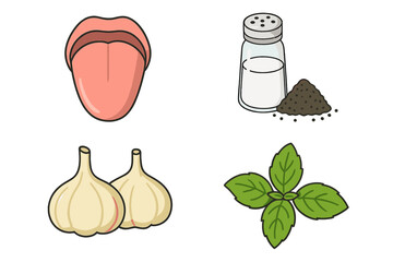 Vector illustration of taste and seasoning logo set with tongue, salt and pepper shaker, garlic bulbs, and fresh green basil leaves, organic cooking flavor concept, transparent background