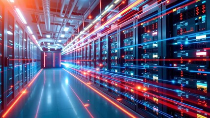 Cybersecurity age of 5g with modern data center, glowing network lines, advanced server technology, fast secure digital communication, high speed - Powered by Adobe