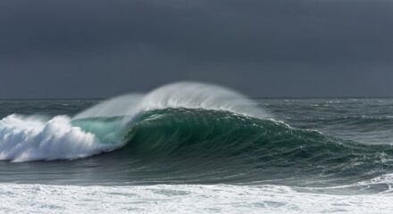 Fototapeta premium Ocean wave cresting, powerful and dramatic. Dark, moody sky