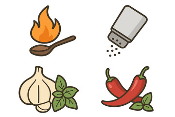 Vector illustration of taste and seasoning logo with flame, salt shaker, garlic, basil, and chili pepper. Organic food, cooking spices, herbs, hot flavor concept, transparent background set.