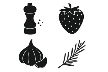 Vector illustration of taste and seasoning icons set including pepper grinder, strawberry, garlic, and rosemary sprig organic symbols with transparent background for web and cooking design