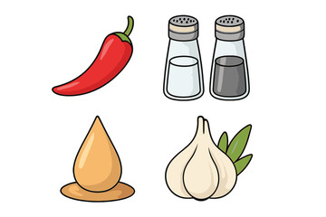 Vector illustration of taste and seasoning icons set with chili pepper, salt and pepper shakers, honey drop, and garlic bulb with leaves, organic food symbols, transparent background