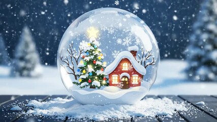 Whimsical snow globe capturing a cozy Christmas house and decorated tree with falling snow, perfect for enchanting holiday projects. - Powered by Adobe