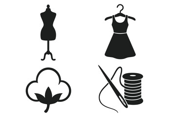 Fashion and garment vector design set with cotton symbol, dress on hanger, sewing needle and thread, tailor mannequin silhouette, clothing industry icons, transparent background