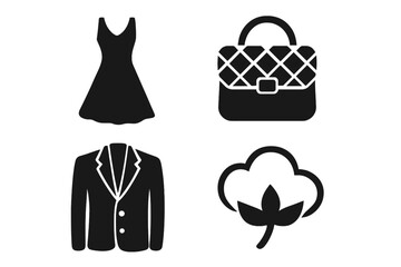 Fashion and garment vector design set with dress, handbag, jacket, and cotton symbol. Stylish apparel icons collection for web, textile, and cotton industry vector illustration