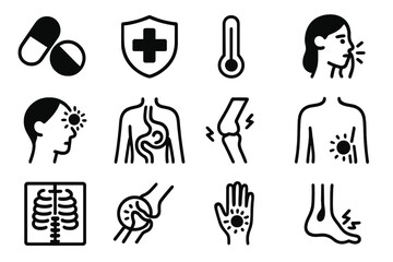 Vector set of medical and pain icons, disease symptoms symbols, healthcare pills, thermometer, cough, headache, stomach, joint pain, x-ray, and inflammation signs for health concept