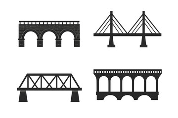 Vector illustration of diverse bridgework and architectural structures collection, including suspension, arch, and truss bridges, black silhouette design for construction and engineering concepts
