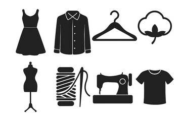 Fashion and garment vector icons set with dress, shirt, hanger, cotton symbol, mannequin, sewing thread with needle, sewing machine, and t-shirt, clothing and textile illustration