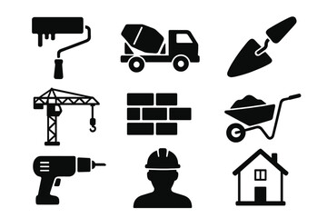 Vector illustration of construction and building icons, set of essential construction tools, equipment, and estate symbols for stock, transparent background
