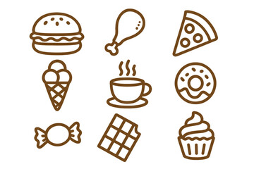 Vector illustration of food and yummy icons collection, burger, chicken leg, pizza, ice cream, coffee cup, donut, candy, chocolate, cupcake, brown line art, transparent background, food set