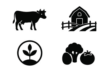 Ranch and organic farming icons set with cow, barn, plant growth symbol, fresh vegetables, sustainable agriculture, farm life, eco-friendly food, natural produce, healthy lifestyle symbols