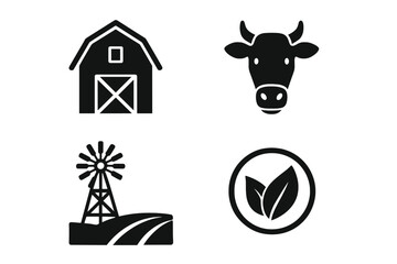 Vector design of ranch and organic farm icons set, including barn, cow head, windmill, and eco leaves symbol, agricultural and sustainable farming concepts illustration, transparent background
