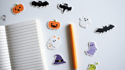 A notebook with a pencil and some halloween stickers