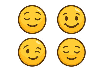 Fototapeta premium Charming satisfied emoji set vector illustration. Happy smiling face, winking emoticon, and pleased peaceful expression. Yellow character icon pack for positive emotion concepts.