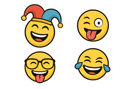 April Fools Day funny emoticons set. Silly goofy emoji collection with jester hat, winking face with tongue out, laughing with tears. Joke, prank and humor vector icons.