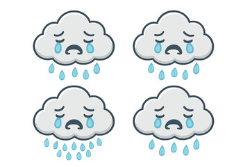 Set of crying cloud emoticons. Sad weather character weeping with tears. Concept for depression, grief, and bad mood. Unhappy rainy day vector icon collection for stickers.