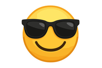 Cool emoji with sunglasses. Happy yellow face emoticon with black shades for summer vacation vibes. Vector illustration of a smiling character icon. Simple cartoon design element.