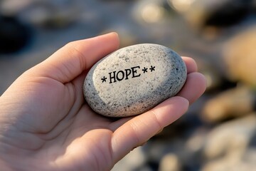A person holding a rock with the word hope written on it