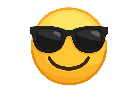 Cool emoji with sunglasses. Happy yellow face emoticon with black shades for summer vacation vibes. Vector illustration of a smiling character icon. Simple cartoon design element.
