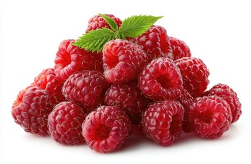 Fresh raspberries piled high, vibrant red, green leaves