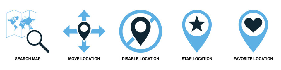 Set of location and navigation vector icons. Essential graphics for GPS, travel, and mapping applications. This collection is ideal for user interface, providing clear symbols for finding places