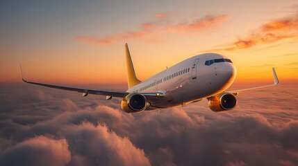 Fototapeta premium Airplane flying through a dramatic sunset over clouds