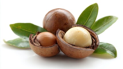 Fresh macadamia nuts with green leaves on white background