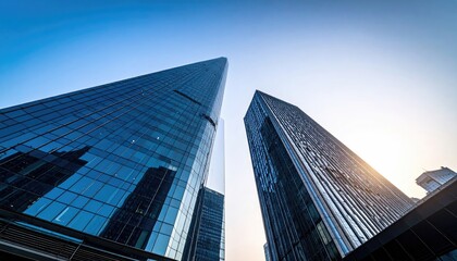 Obraz premium Towering Glass Skyscrapers Underneath Bright Sky in Urban Landscape Architecture With Contemporary Design in Geometric Shapes and Reflections of Sunlight