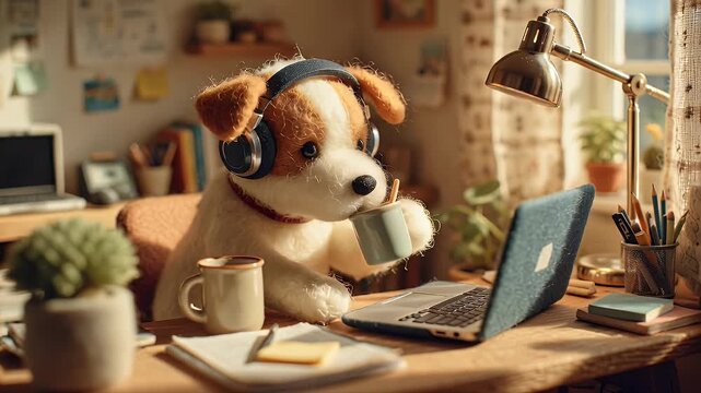 Dog wears headphones using laptop in cozy indoor setting enjoying coffee