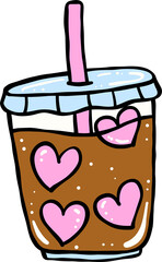 Hand Drawn Iced Coffee with Pink Hearts Ice cube