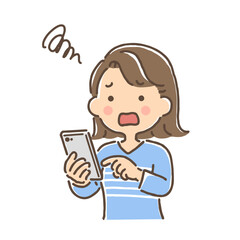 スマホを操作しながら困ってモヤモヤしている若い女性
