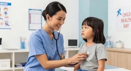 Obraz premium Caring Asian Doctor Examines Young Patient with Stethoscope in Bright Clinic.