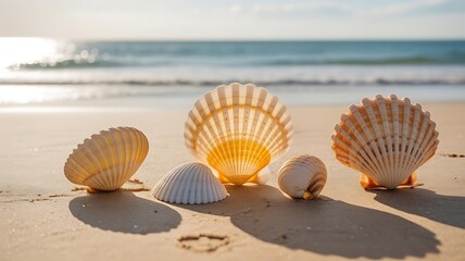 Seashells on Sandy Beach Ocean water