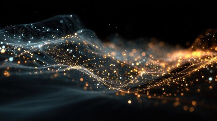 Flowing abstract wave of luminous, shimmering particles on a dark background