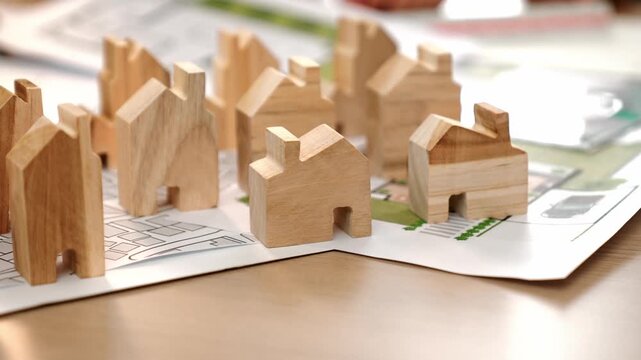 Architect and engineer discuss about building blueprint on table with architectural document, measurement tools scatter around at office, use wooden block for house positioning. Closeup. Delineation.