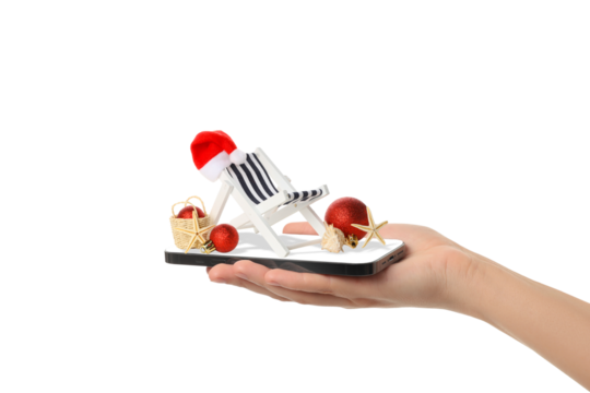 Hand holds a holiday-themed beach chair, isolated, PNG