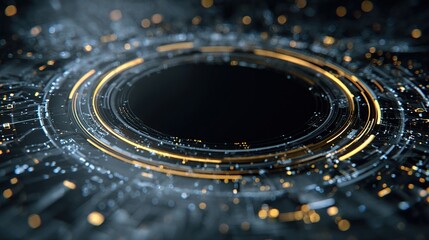 A digital abstract with glowing rings and orbs surrounding a dark void, hinting at data and technology