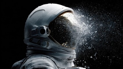 An astronaut's helmet & suit against a black backdrop; water-like particles emanate from it