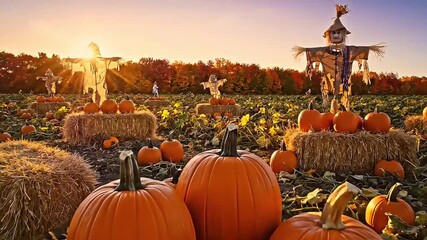 autumn pumpkin patch with scarecrows hay bales and pumpkins glowing in warm golden hour sunset capturing fall harvest and halloween spirit. - Powered by Adobe