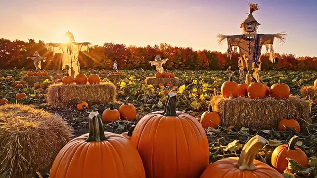 autumn pumpkin patch with scarecrows hay bales and pumpkins glowing in warm golden hour sunset capturing fall harvest and halloween spirit.