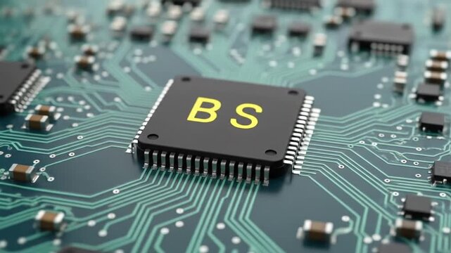 Detailed View of a Microchip on a Printed Circuit Board with Yellow BS Text