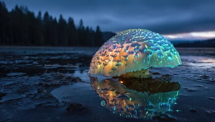 A bioluminescent mushroom glows brilliantly near a lake under a dusky sky, reflecting