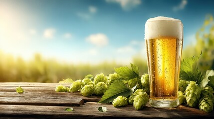 Refreshing Light Beer with Hop Cones on Wooden Table Outdoors