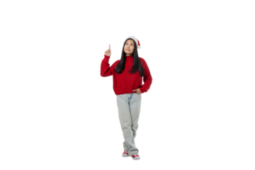 Young woman in red sweater celebrating winter, isolated, PNG