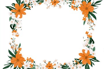 Floral border design featuring orange and white flowers with green leaves, centered white space