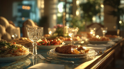 Elegant Empty Dinner Setting with Gourmet Delicacies, Soft Lighting and Cinematic Feel - A Study in Melancholic Opulence