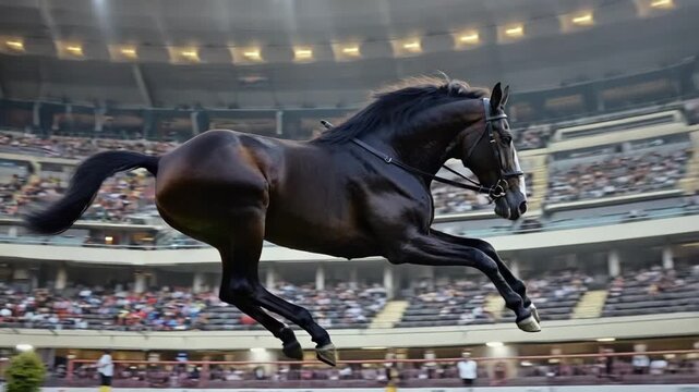 Horse mid-air during a jumping competition, intense focus, dramatic stadium lighting, motion blur emphasizing speed
