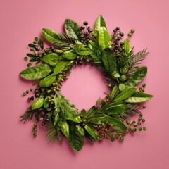 A lush, vibrant green wreath composed of various leaves & berries, resting on a pink background