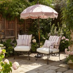 Obraz premium Two wrought-iron garden chairs, pale cream cushions with striped purple/lavender accents, under a pale pink parasol, in a stone patio garden